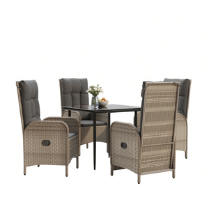 Conjunto de Comedor de Jardín de Mimbre para Exteriores, 4 Plazas, Resistente a la Intemperie, Diseño Contemporáneo, Estructura Gris con Cojines - Product Image 1