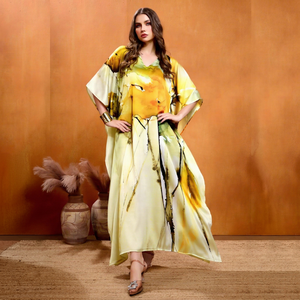 Wholesale Designer Turkish Style <b>Kaftan</b> Kurta Women Polyester Handmade Batwing Sleeves V Neck Regular Fit Flared Hem Midi Short - Product Image 1