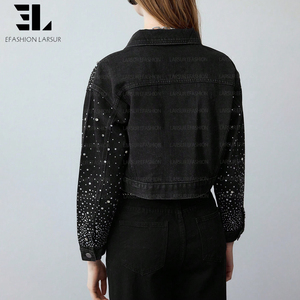 LARSUR 定制工厂镶钻水钻宝石牛仔夹克仿旧水洗飞行员短款宽松长袖牛仔夹克女式 - Product Image 5