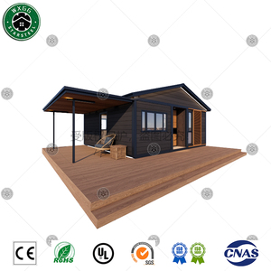 Maison préfabriquée modulaire portable en conteneur, structure en acier, panneaux en bois foncé avec terrasse, cuisine complète, aménagement salle de bain - Product Image 2