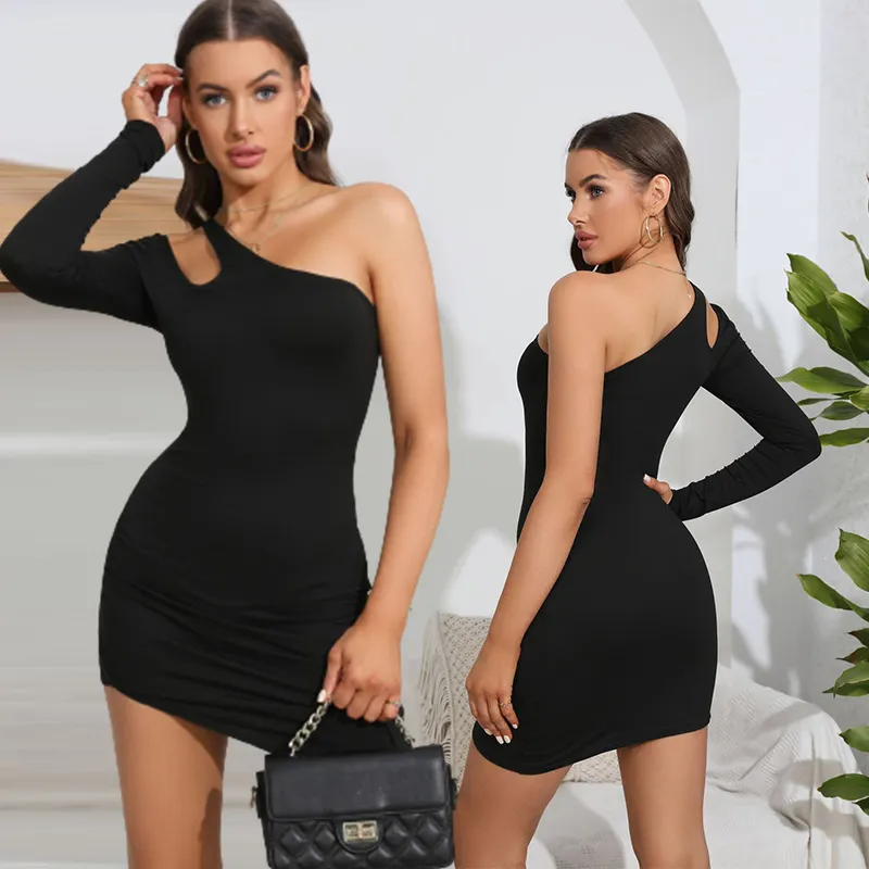 Summer Slim Sexy Single manica lunga nero donna vestito stretto Midi una spalla aderente abiti da sera da donna