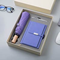 Tendencia nuevo logotipo personalizable mango de madera paraguas soporte para teléfono Cuadernos de cuero pluma juegos de regalo para negocios vacaciones cumpleaños