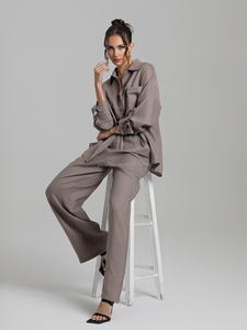 Elegante Set da <span class=keywords><strong>donna</strong></span> Color pelle di <span class=keywords><strong>lino</strong></span> a maniche lunghe camicia tinta unita <span class=keywords><strong>pantaloni</strong></span> <span class=keywords><strong>larghi</strong></span> stile Casual per il pendolarismo di <span class=keywords><strong>lino</strong></span> 100% - Product Image 4