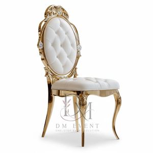 Chaise de mariage baroque capitonnée à dossier ovale en acier inoxydable doré avec coussin blanc pour événements de mariage et banquets – Sièges événementiels - Product Image 1