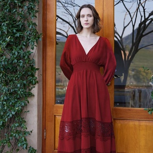 2025 Giản Dị Dark Red V Cổ Smocked Eo Ren Boho Váy Phụ Nữ Dài Tay Áo Bohemian Maxi Dresses Cho Sinh Nhật Đám Cưới Đảng - Product Image 1