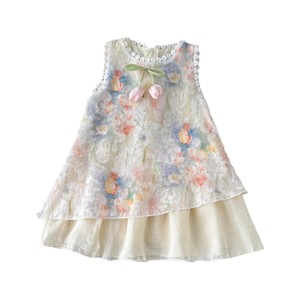 Abito da ragazza con stampa floreale e finiture in pizzo, senza maniche, con fiocco, decorazione a tulipano, doppio strato, casual, <span class=keywords><strong>per</strong></span> le vacanze estive - Product Image 6