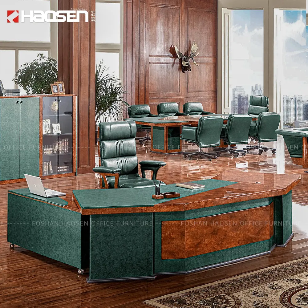 Haosen 6835 Klassieke Groene Lederen Mdf Houten Bureau Manager Kantoor Tafels En Stoelen