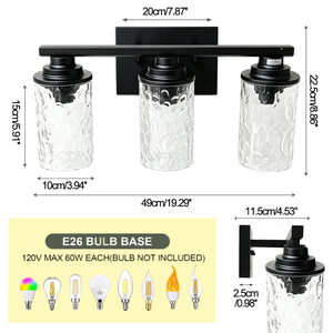 Applique murale moderne pour <span class=keywords><strong>salle</strong></span> <span class=keywords><strong>de</strong></span> <span class=keywords><strong>bain</strong></span>, <span class=keywords><strong>luminaire</strong></span> <span class=keywords><strong>de</strong></span> vanité à 3 lumières, en métal noir mat avec abat-jour en verre clair martelé, lampe murale d'intérieur - Product Image 2