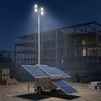 Tour d'éclairage solaire mobile sur remorque, levage manuel, mât télescopique de 9 m, alimentée par l'énergie solaire, pour chantier de construction