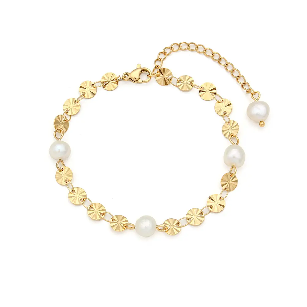 Minimal Classic Exquisite Stainless steel Embossed Flower Chain Bracelet Freshwater Pearl Oval Petal Chain Bracelet