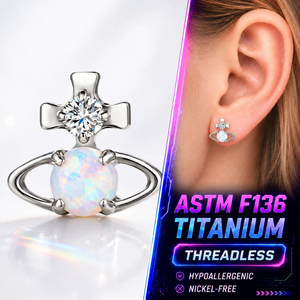 Orecchini a perno in lega di titanio F136 a forma di Saturno, anello per labbro in titanio G23 con orbita planetaria, orecchini a perno con opale australiano, gioielli per <span class=keywords><strong>piercing</strong></span> - Product Image 1