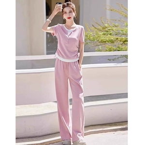 女式休闲运动套装夏季潮流青春束腰修身短袖阔腿裤两件套 - Product Image 1