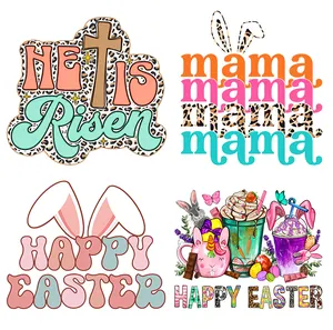 Happy Easter ready to press stickers clear film hot cold peel plastisol DTF screen print custom heat transfers for clothes