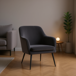 Poltrona in Velluto Grigio Scuro con Gambe in Legno, Stile Moderno Mid-Century, Seduta Morbida per Soggiorno - Product Image 2