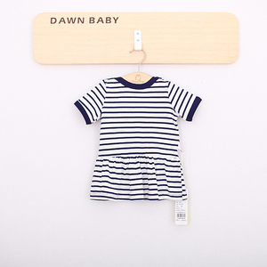 100% algodón de verano de estilo marino a <span class=keywords><strong>rayas</strong></span> de manga corta bebé niña <span class=keywords><strong>vestido</strong></span> con anillo broches - Product Image 1