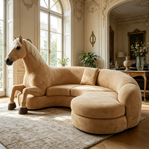 Canapé lounge incurvé en forme de cheval, revêtement en peluche beige, structure en fibre de verre pour villa de luxe - Product Image 3