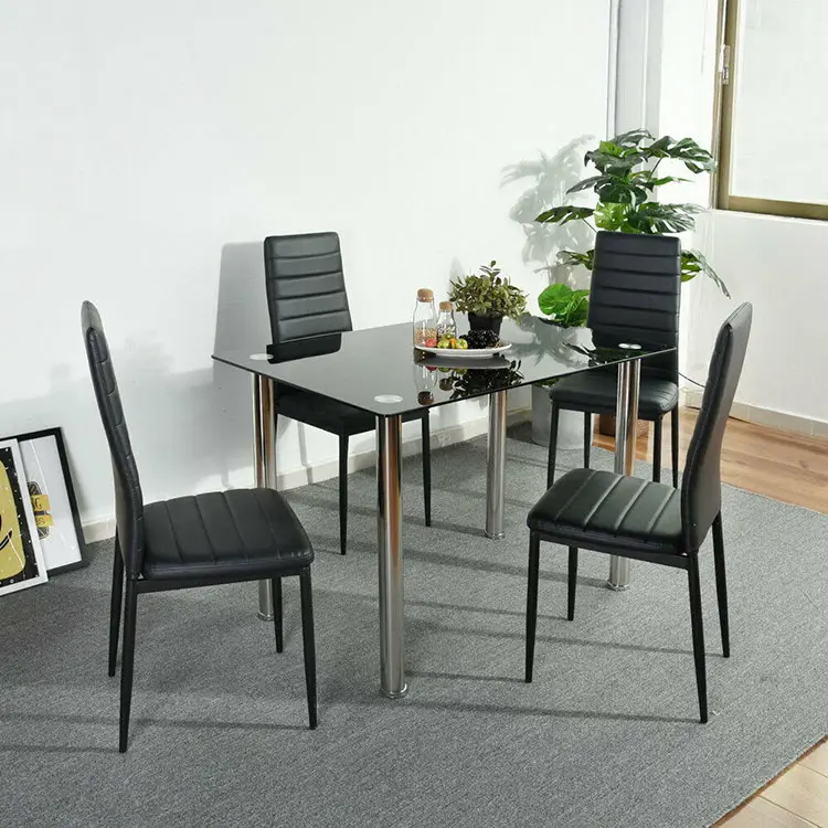 Meubles de salle à manger au design moderne, avec plateau et chaises en verre trempé noir, bon marché, vente en gros, en chine