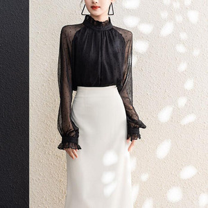 RNSHANGER blus sifon wanita polkadot, kemeja longgar Vintage kerah berdiri lengan panjang baru untuk perempuan - Product Image 4