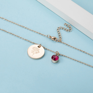 Cadena de oro personalizada de acero inoxidable, 12 meses de flores, disco Floral, collar de piedra de nacimiento - Product Image 6