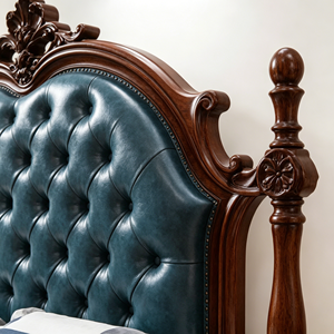 Traditional Queen Size Wooden Bed with Blue Tufted Faux Leather Upholstery and Carved Frame - Product Image 3