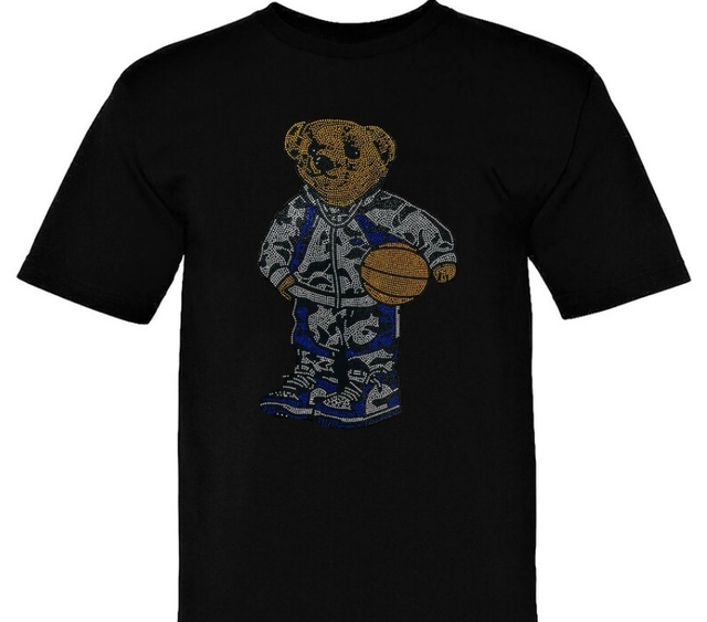 China Dongguan Factory Wholesale Custom Printed Terry Fabric 100% Cotton Oversized Hip Hop Teddy Bear Rhinestone Casual T-shirt
