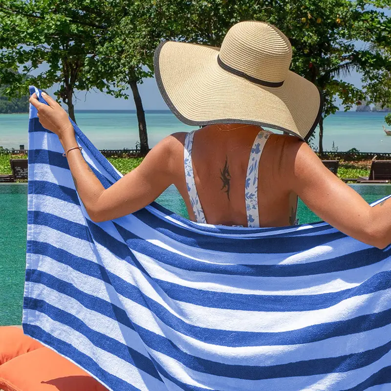 Toalha de praia de algodão personalizada Toalha de praia listrada de veludo Toalha de praia de algodão grande