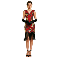 Robe de soirée vintage pour femme, style Charleston des années 20, col en V, sans manches, à sequins et pompons, mi-longue, moulante, en polyester tissé, en stock