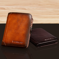 Dompet Kulit Asli Anti-RFID 2023 untuk Pria, Anti Maling, Lipat Dua, Kantong Koin dengan Ritsleting, Warna Cokelat
