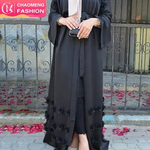 Abaya bunga polos desain baru terbuka di Dubai pakaian Muslim Kaftan pakaian Islami sederhana 1623 # Maroko 3D wanita poliester dewasa