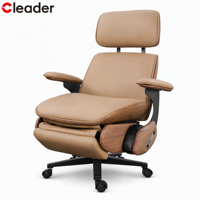 Fauteuil de Direction en Cuir Véritable avec Inclinaison Électrique, Recharge Intelligente, Massage Lombaire, Dossier Haut, Accoudoirs en Bois Massif