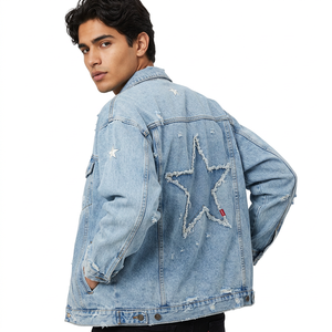 <b>Light</b> Wash Loose Fit Men's Denim Jacket Ripped Star Pattern Oversized Vintage Streetwear Coat - Product Image 6