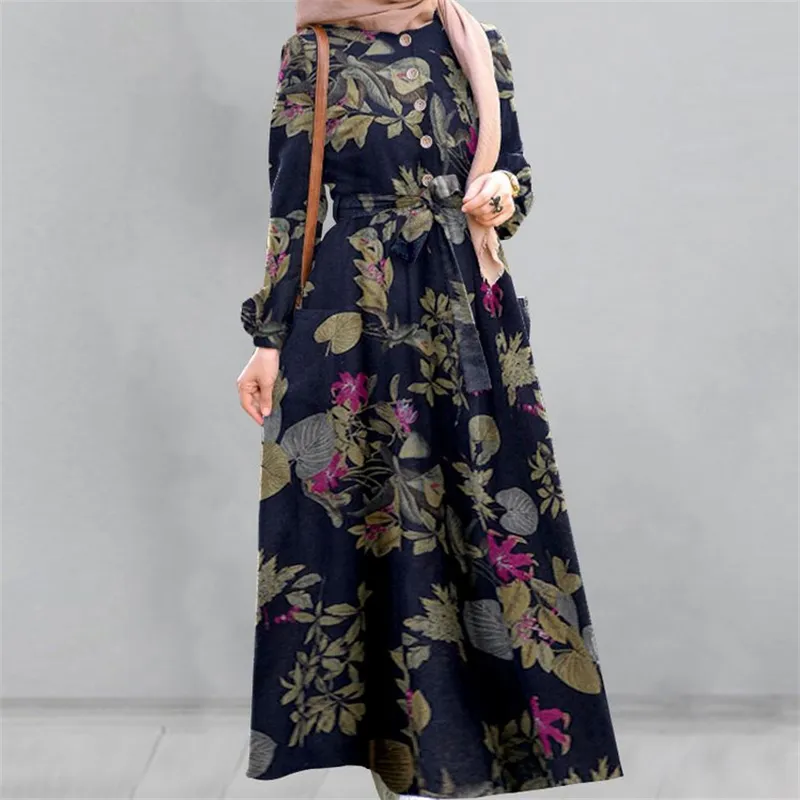 Nouveau design de robe maxi musulmane à motif de fleurs pour femmes vêtements islamiques arabes Maghribi avec bouton