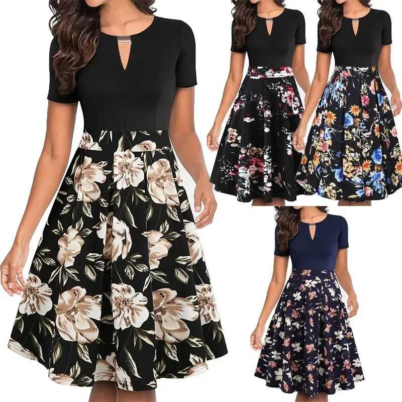 Summer Plus Size Women's Dresses Vintage Floral Flared A-Line Swing Casual Dresses