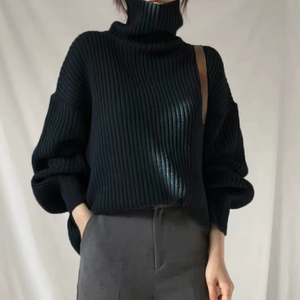 Pull col roulé rouge pour femme, manches lanternes, tricot côtelé épais en acrylique, hiver, décontracté, couleur unie, manches longues - Product Image 2