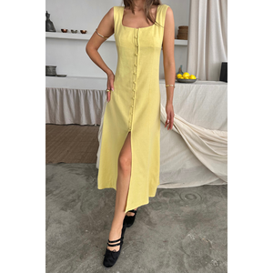 Vestido de lino sin mangas con cuello cuadrado, amarillo S, ajuste informal - Product Image 4