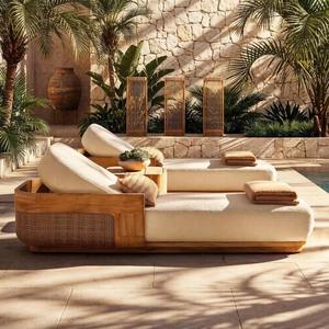 Canapé d'extérieur en teck et rotin pour cour, villa, <span class=keywords><strong>jardin</strong></span>, hôtel, B&B, terrasse, chaise d'extérieur en rotin, mobilier en bois massif - Product Image 4