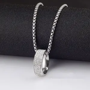Fashion Titanium Steel Full Diamond Ring Pendant Necklace Dual Purpose Creative Stainless Steel Ring Men's Personality Necklace
