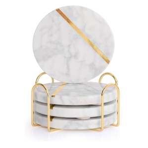 Solid <b>Green</b> Real Marble <b>Coasters</b> With Brass Inlay and Metal Stand/Holder -Non Slip Felt Padded - Sealed Marble, Stain Resistant - Product Image 4