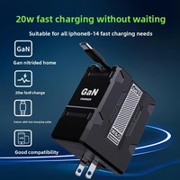 Chargeur mural multifonctionnel GaN PD20W à charge rapide avec câble, chargeur de téléphone portable de voyage à charge rapide avec deux câbles 20WT