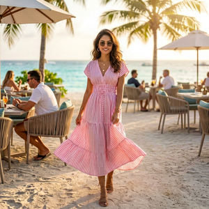 Strip Pink Sorbet Indian Cotton <b>Kaftan</b> Maxi Dress Eco-Friendly Casual <b>Beach</b> Cover-Up Sleepwear with Feather Trim Natural Waist - Product Image 1