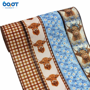 Set de Cintas con Borde Reforzado de Diseño de Vaca Highland, Vaca Escocesa en Acuarela, Floral de Margaritas y Estampado a Cuadros Buffalo, para Hacer Lazos y Coronas, Regalo - Product Image 1