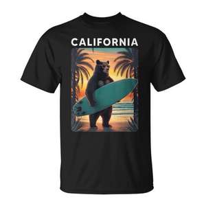 California Bear Surfing Beach T-shirt rétro noir pour hommes, taille L - Product Image 1