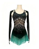 Robe de patinage artistique vert foncé dégradé avec strass, découpes en maille, pour performance scénique, pour femmes et filles