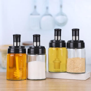 <span class=keywords><strong>Set</strong></span> Botol Bumbu Kaca Grosir dengan Sendok Kuas, Botol Eropa Transparan Beralur untuk Garam Gula - Product Image 1