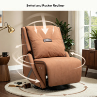 Fauteuil inclinable électrique moderne à une place avec fonction pivotante et basculante, en tissu performant doux et durable, et garniture contrastante en similicuir raffiné.