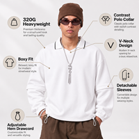 Sweat-shirt à col polo ample 320 GSM à manches longues, col en V contrastant, manches détachables, ourlet à cordon de serrage réglable, style streetwear urbain, OEM