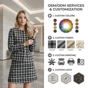 Yegao Set Casual da Donna <span class=keywords><strong>in</strong></span> <span class=keywords><strong>Tweed</strong></span> 100% Poliestere, Gonna Sopra il Ginocchio con Tasche e Maniche Lunghe, Abbigliamento Quotidiano OEM - Product Image 1
