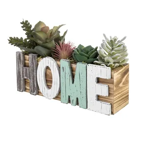 Tabletop Burnt Wood Indoor Plant Box with Decorative Multicolored Home Block Cutout Design