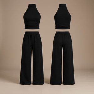 Conjunto de Dos Piezas Personalizado para Mujer, Cuello en V, Texturizado Negro, Impermeable, de Forro Polar, para Descansar / Conjunto Casual de Verano - Product Image 2