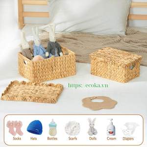 Cestas y Contenedores Rectangulares de Ratán Ecológico de Vietnam con Tapas y Asas para Organizar Juguetes y Ropa de Niños - Product Image 4